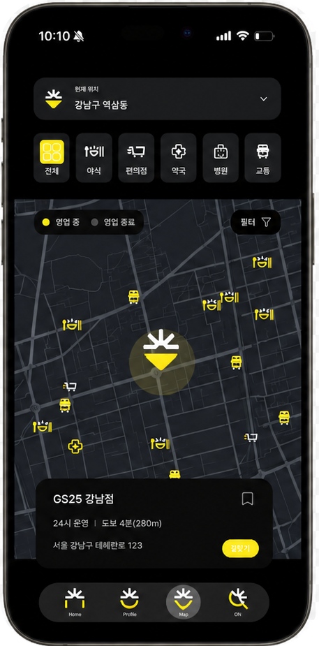DayON night map interface with yellow accents