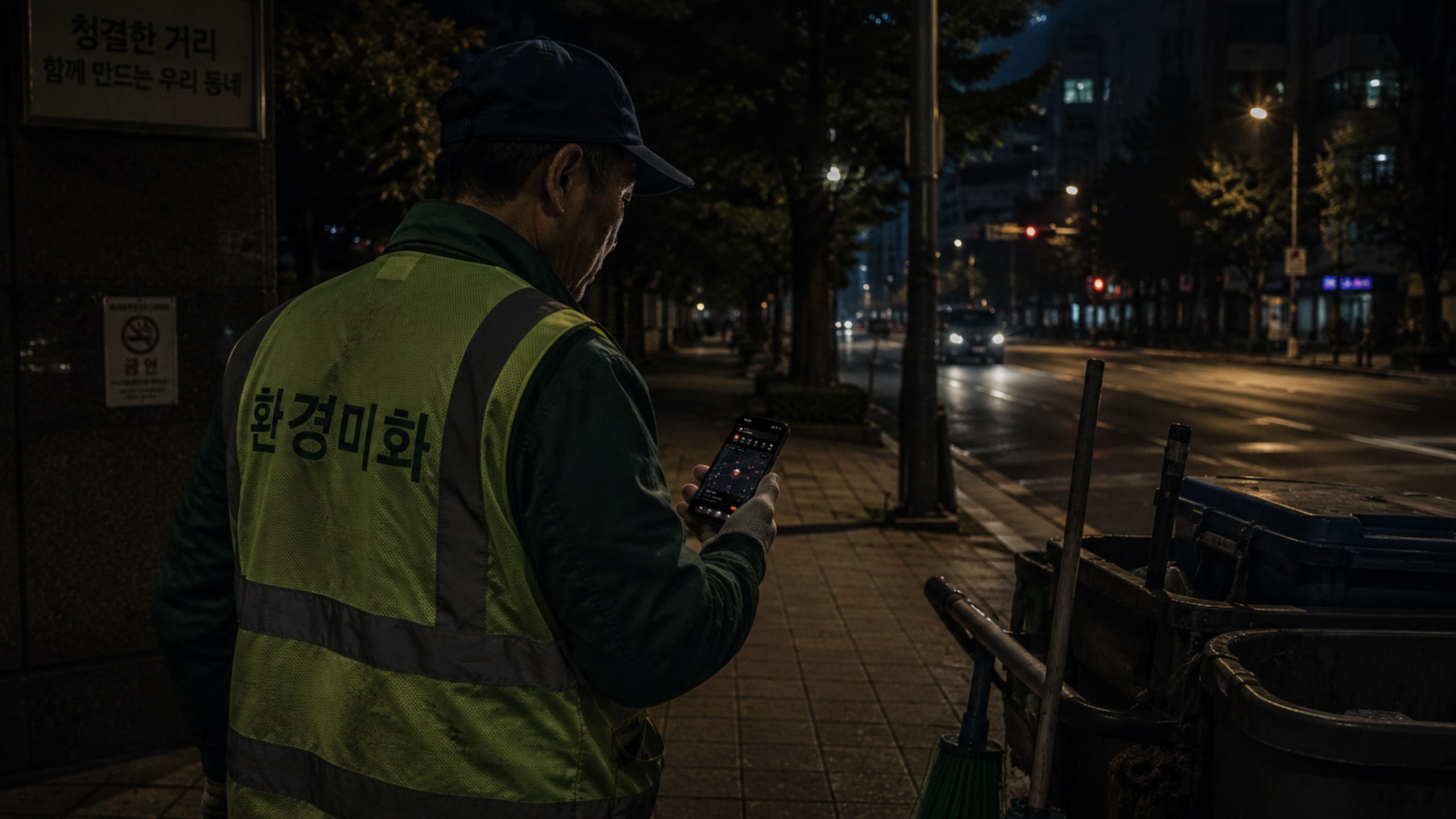 Night sanitation worker using DayON on a city street