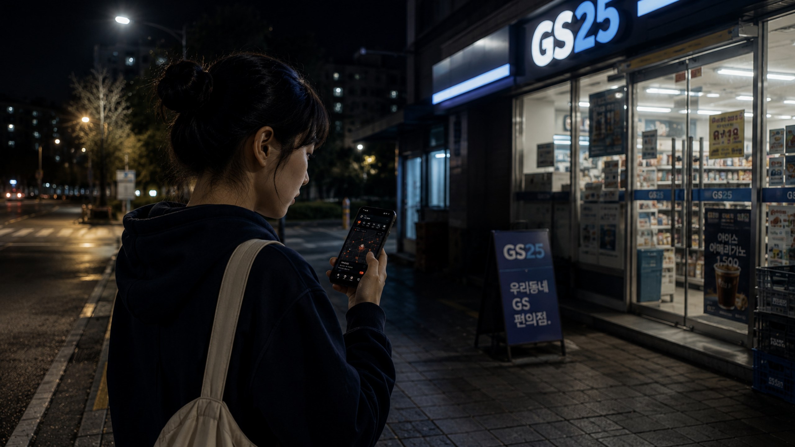 Person using DayON outside a late-night convenience store