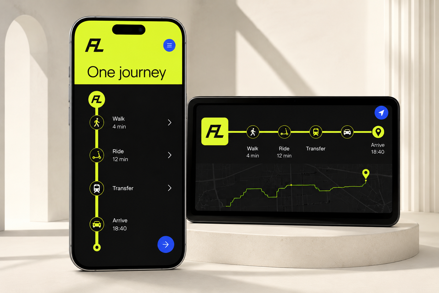 Flooin integrated mobility experience shown across phone and dashboard interfaces