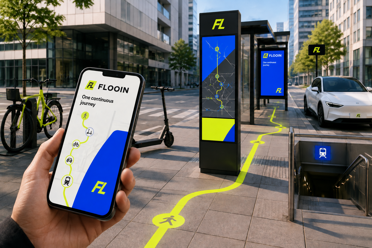 Flooin connects walking, micro mobility, rail and ride services across one urban journey
