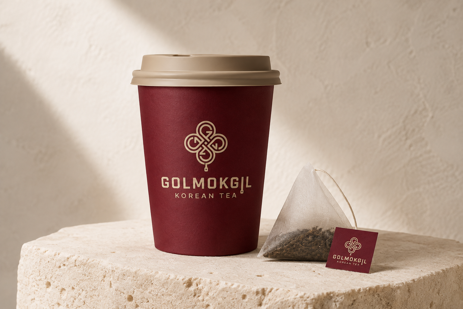 GOLMOKGIL takeaway cup and tea bag mockup