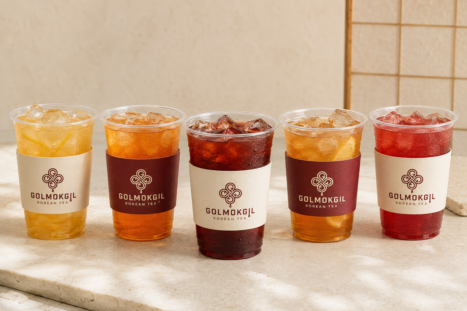 Five GOLMOKGIL Korean tea drinks: yuja, maesil, daechu, saenggang and omija