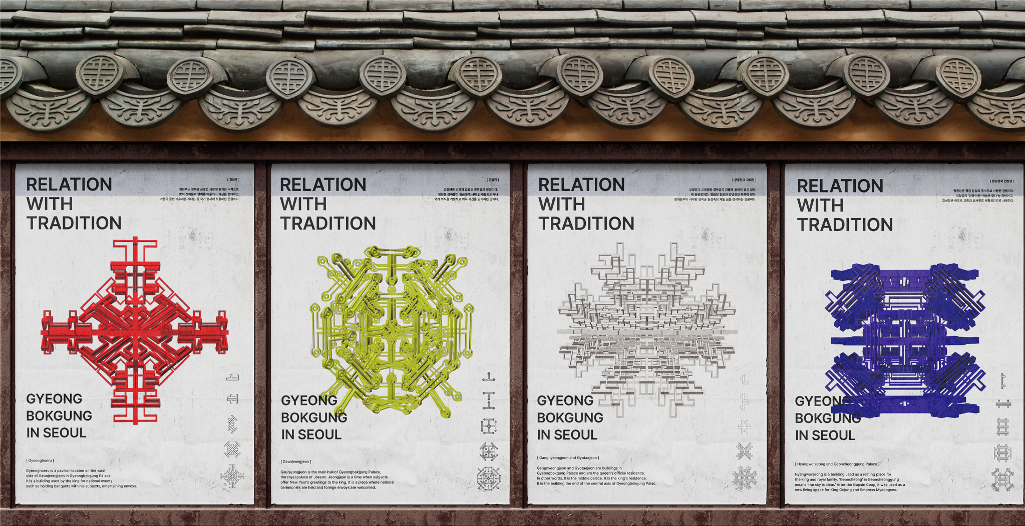 Relation with Tradition poster series installed on a traditional palace wall